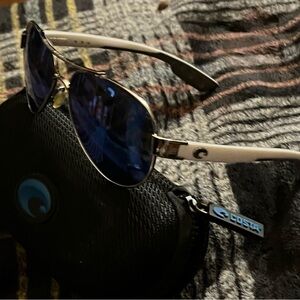 Costa Aviator Sunglasses with Dark Blue Lenses and White Arms